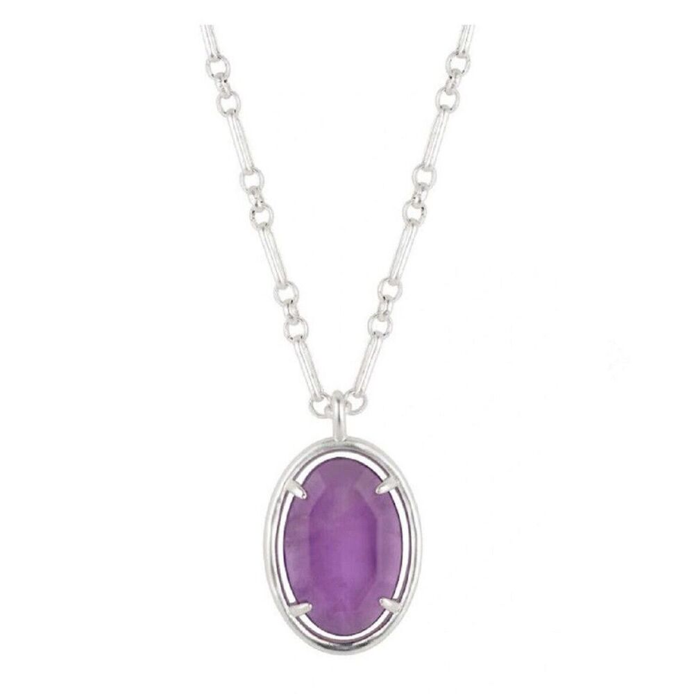 LA Rocks Genuine Purple Agate Oval Pendant Silver-Plated Necklace NWT